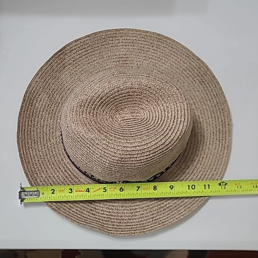 Chico's Tan Fedora with Navy Blue Ribbon Accent